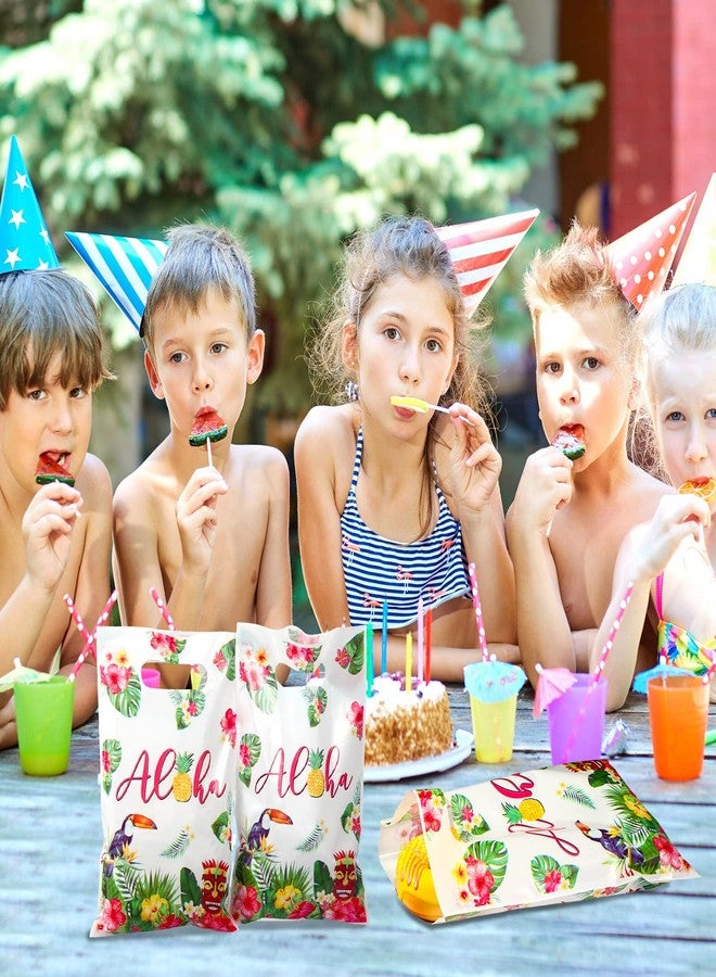 PerKoop أكياس هدايا هاواي البلاستيكية من بيركوب، 100 قطعة، أكياس هدايا ألوها، أكياس هدايا حفلات لواو بمقابض، لوازم حفلات أعياد الميلاد الصيفية الاستوائية - Image 5